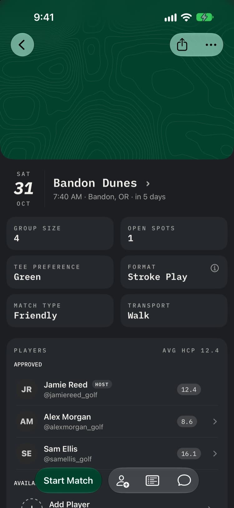 A FORE match at Bandon Dunes: Saturday 7:40 AM, Stroke Play, one open spot, with the players who are in.