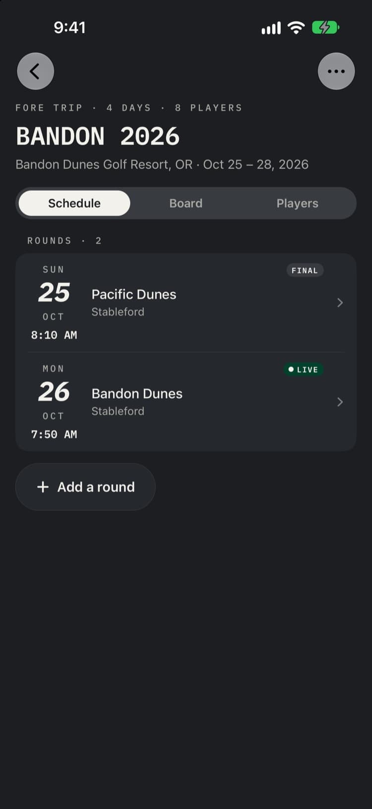 The trip schedule: Pacific Dunes on Sunday, final, and Bandon Dunes on Monday, live.